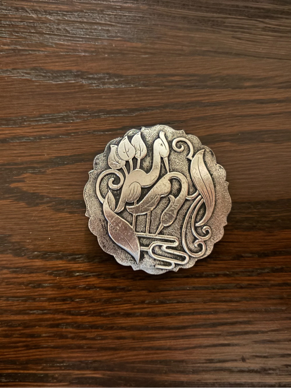 Decorative Silver Tone Floral Round brooch